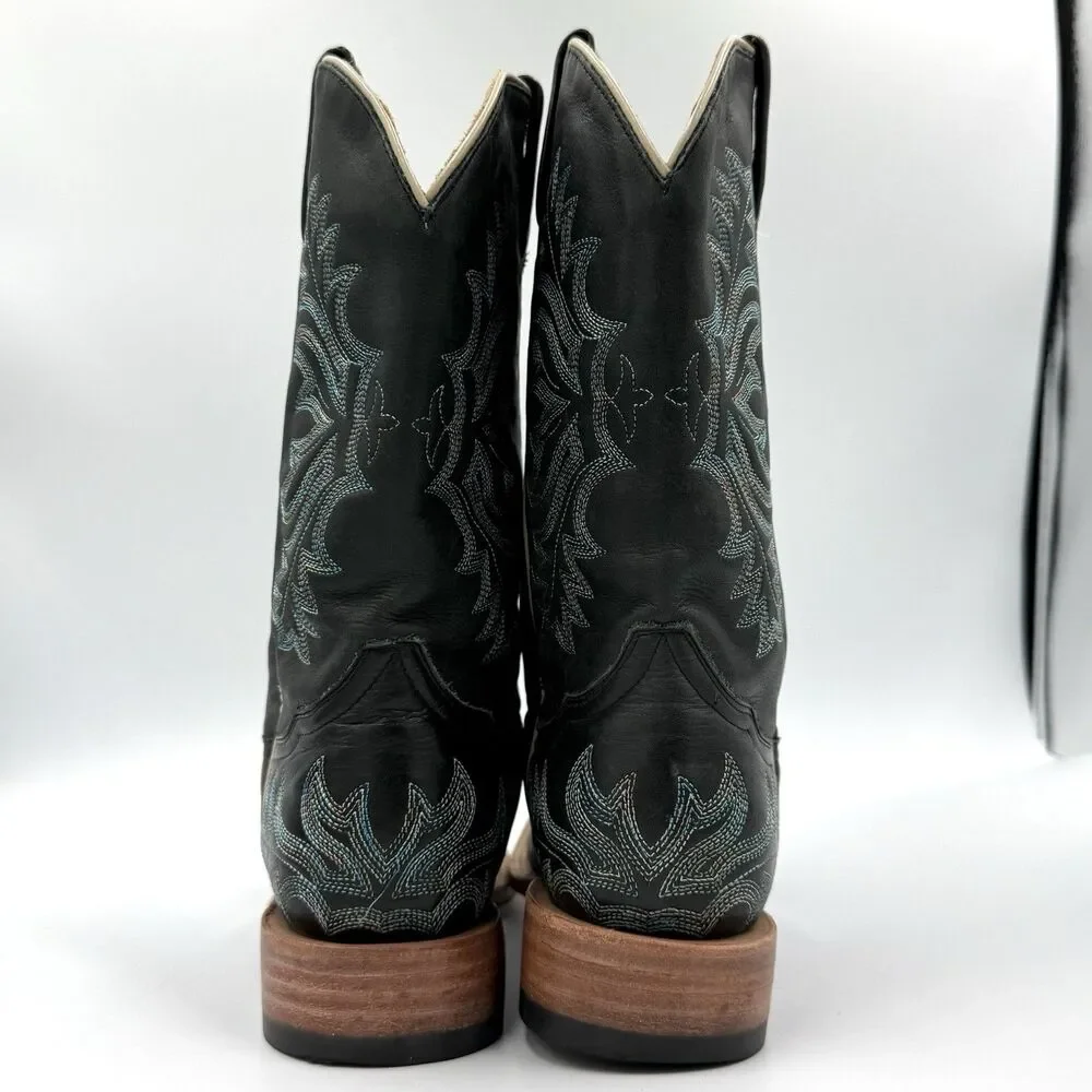Stetson Black Leather Western Cowboy Boots Women’s US 8 Blue Embroidered Square